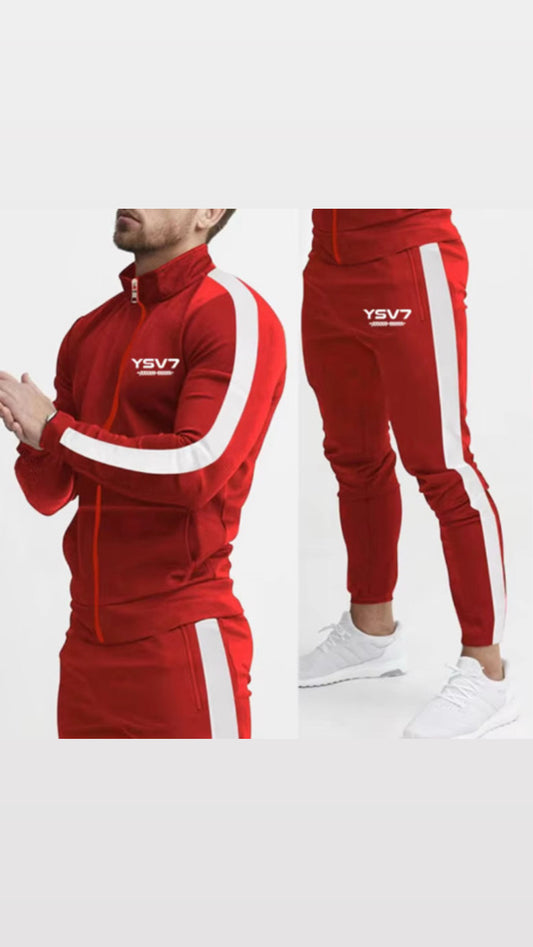 MENS RED AND WHITE FITTED TRACKSUIT