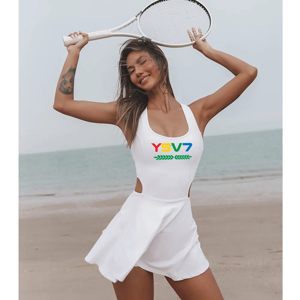 WOMENS FITTED WHITE TENNIS DRESS COLOURFUL LOGO