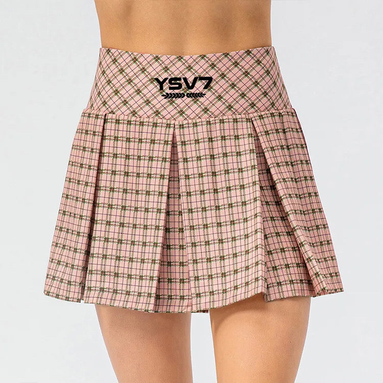 WOMENS PINK CHECK TENNIS SKIRT WITH FITTED SHORTS