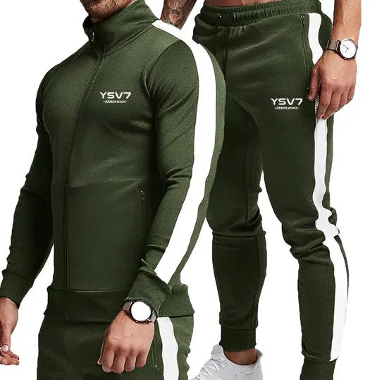 MENS ARMY GREEN AND WHITE FITTED TRACKSUIT