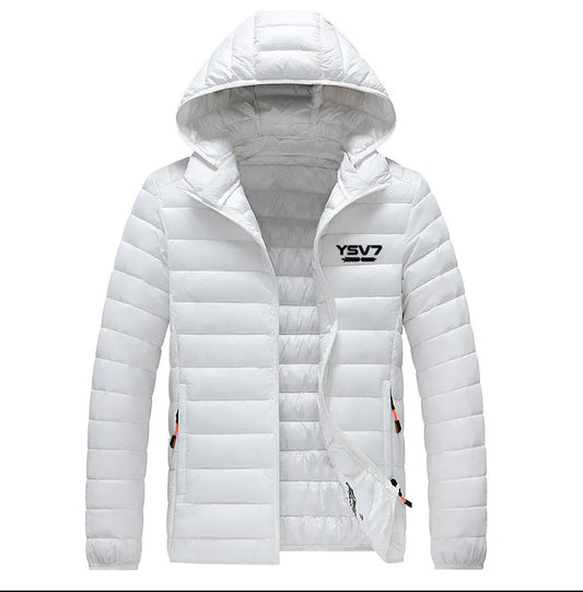 UNISEX PADDED WHITE REMOVABLE HOOD FITTED JACKET