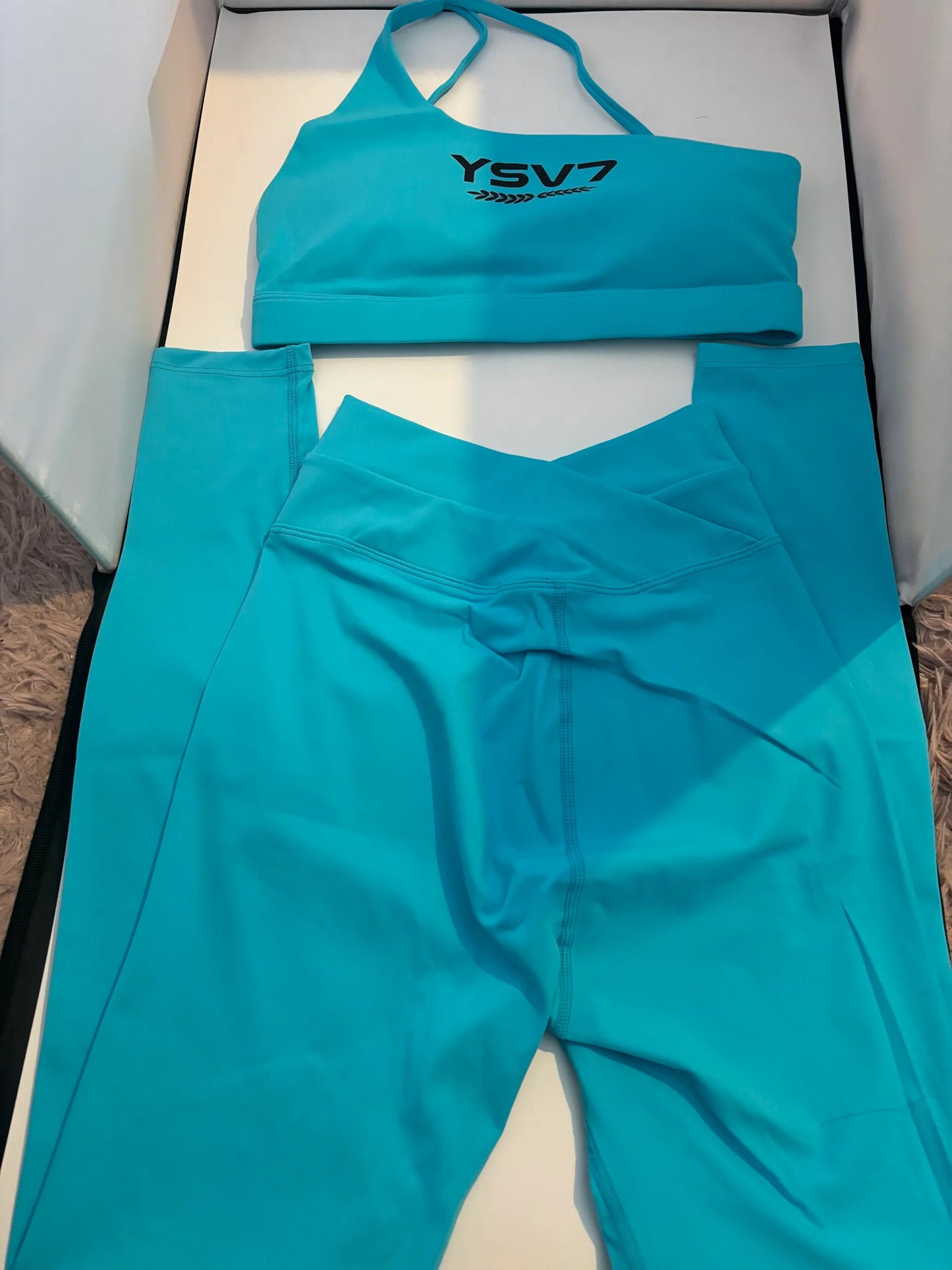 SHAPEWEAR TURQUOISE BLUE ONE SHOULDER BRA TOP AND LEGGINGS