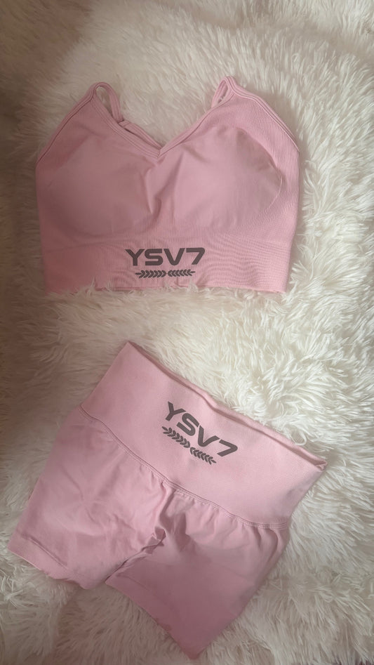 YSV7 Women's Light Pink Gym Bra Top and Shorts Set