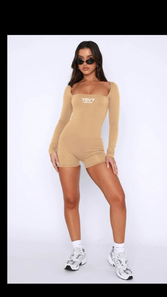 WOMENS KHAKI BEIGE LONG SLEEVED SHORT SHAPEWEAR UNITARD