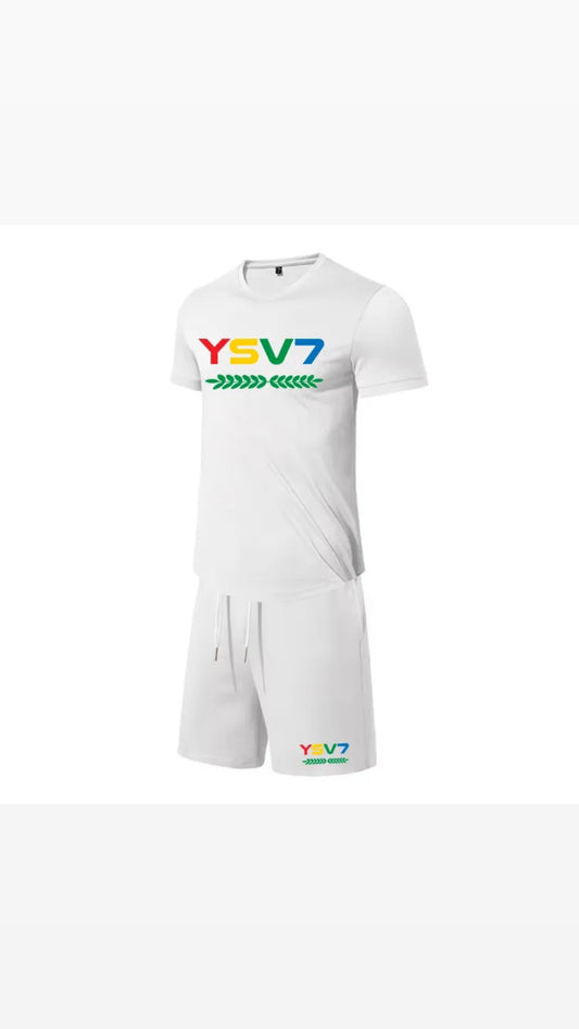 MENS WHITE FITTED SHORT SET COLOURFUL LOGO