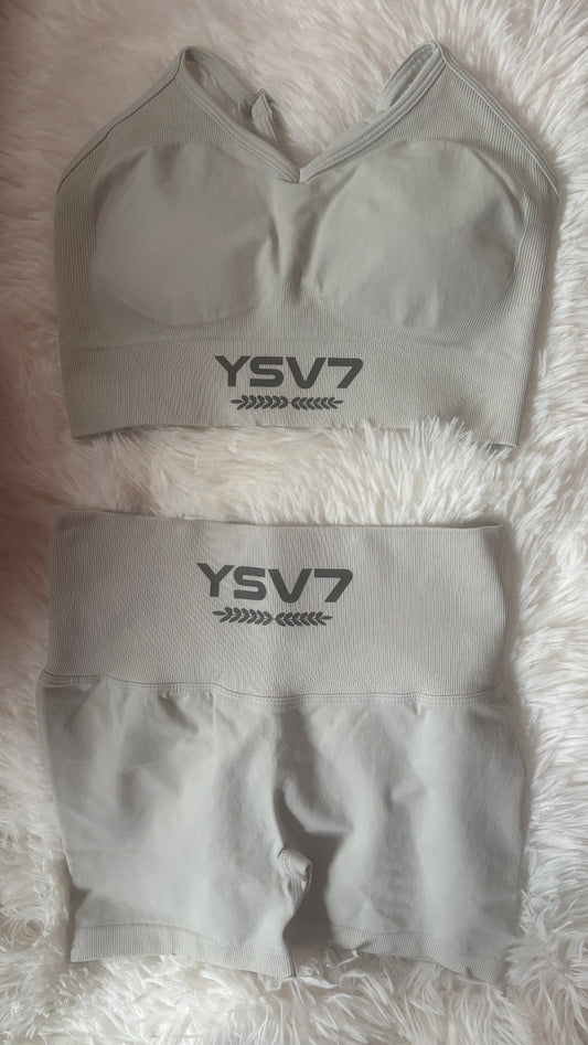 YSV7 Women's Light Grey Gym Bra Top and Shorts