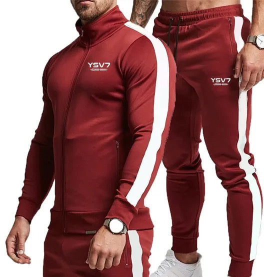 MENS BURGUNDY AND WHITE FITTED TRACKSUIT