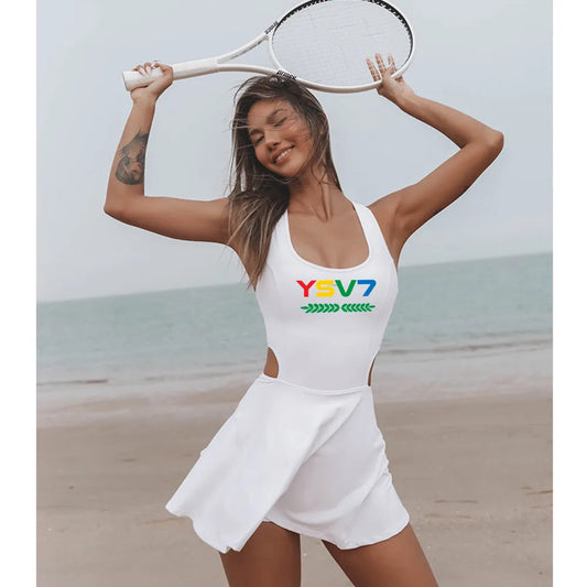 WOMENS FITTED WHITE TENNIS DRESS COLOURFUL LOGO