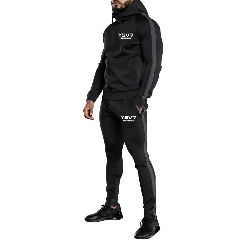 MENS BLACK HOODED FITTED TRACKSUIT