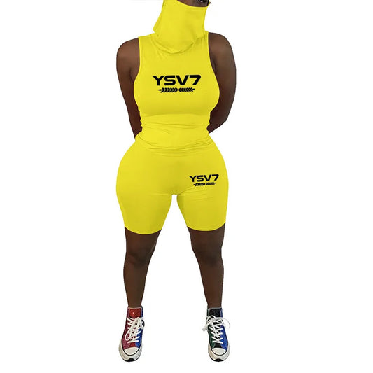 WOMENS MASK YELLOW TWO PIECE SHORT SET