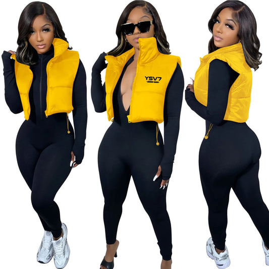 WOMENS YELLOW CROP PADDED BODY WARMER