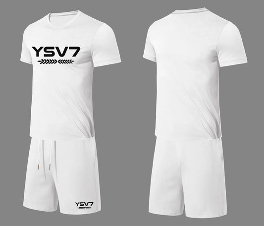 MENS WHITE FITTED SHORT SET BLACK LOGO