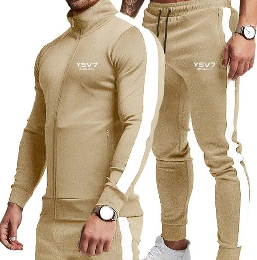 MENS KHAKI BEIGE AND WHITE FITTED TRACKSUIT