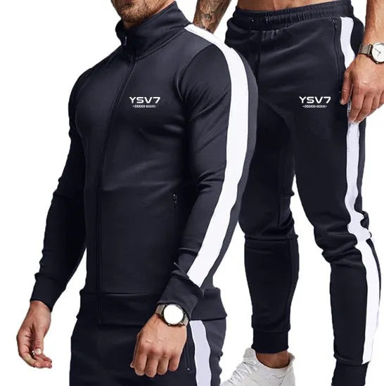 MENS NAVY BLUE AND WHITE FITTED TRACKSUIT