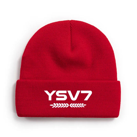 RED BEANIE HAT EMBROIDERED WHITE LOGO