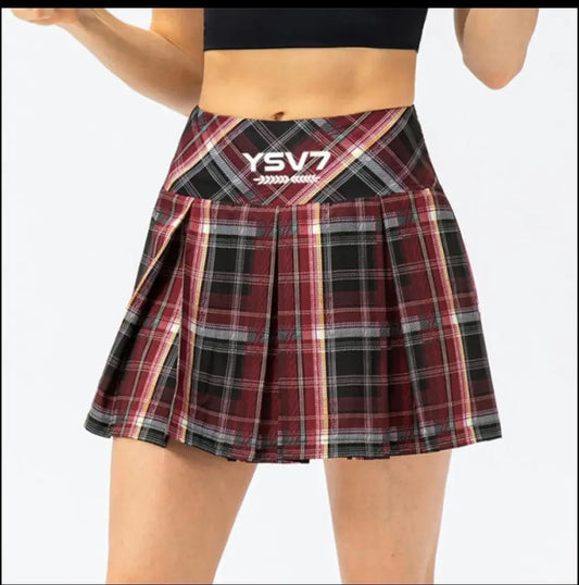 WOMENS BURGUNDY AND BLUE CHECK TENNIS SKIRT WITH FITTED SHORTS