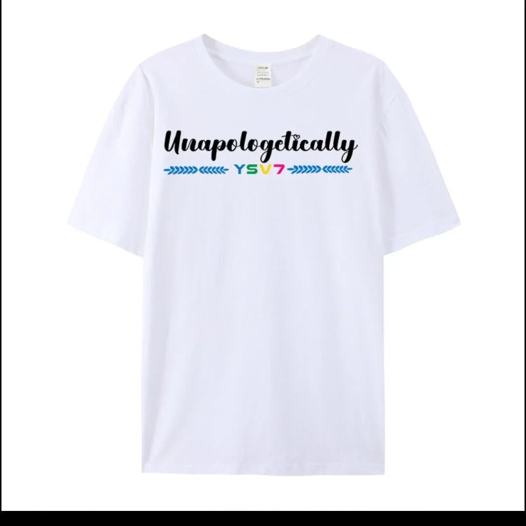 UNISEX UNAPOLOGETICALLY WHITE T SHIRT BLUE AND COLOURFUL LOGO