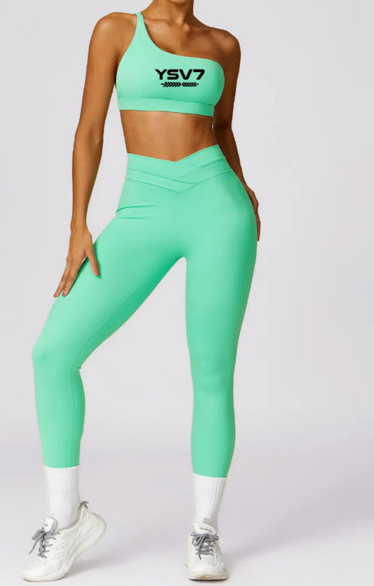 WOMENS MINT GREEN ONE SHOULDER BRA TOP AND LEGGINGS