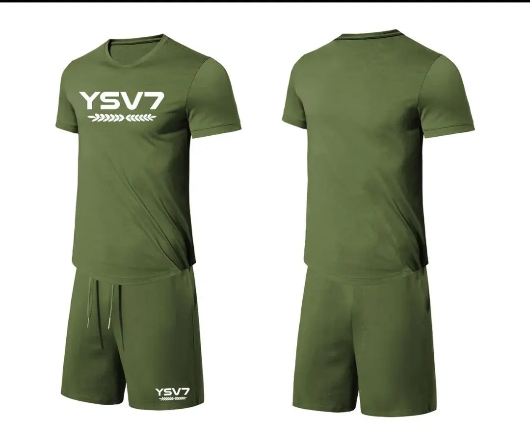 MENS KHAKI GREEN FITTED SHORT SET