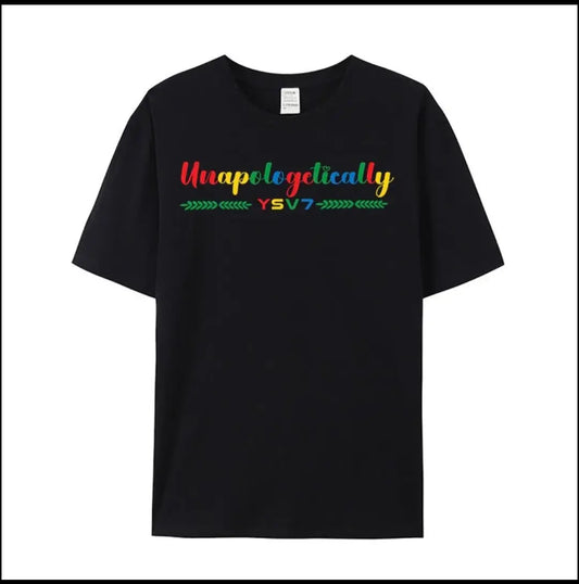 UNISEX UNAPOLOGETICALLY BLACK T SHIRT COLOURFUL LOGO